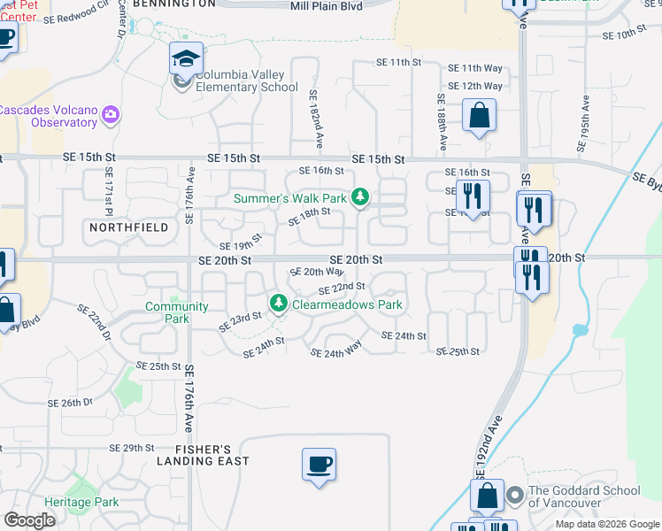 map of restaurants, bars, coffee shops, grocery stores, and more near 18208 Southeast 20th Way in Vancouver