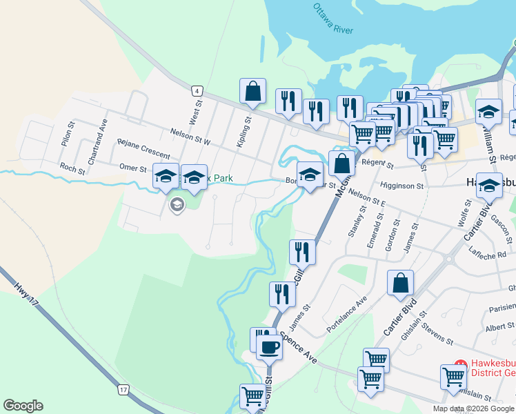 map of restaurants, bars, coffee shops, grocery stores, and more near 487 Allan Street in Hawkesbury