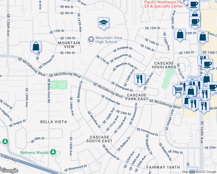 map of restaurants, bars, coffee shops, grocery stores, and more near 15002 Southeast McGillivray Boulevard in Vancouver