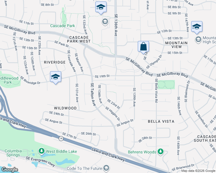 map of restaurants, bars, coffee shops, grocery stores, and more near 13501 Southeast 20th Circle in Vancouver