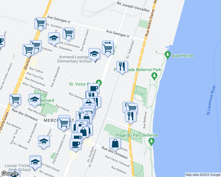 map of restaurants, bars, coffee shops, grocery stores, and more near 2250 Rue Marcelle Ferron in Montréal