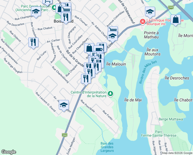 map of restaurants, bars, coffee shops, grocery stores, and more near 384 Chemin de la Grande-Côte in Boisbriand