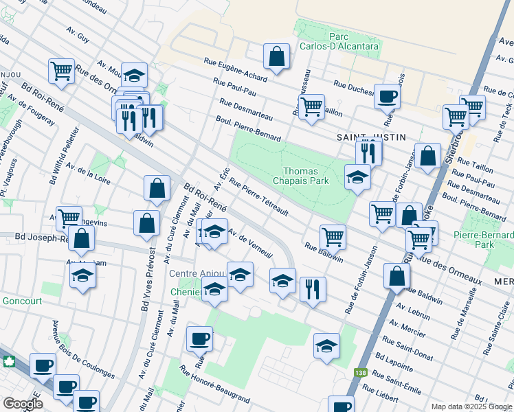 map of restaurants, bars, coffee shops, grocery stores, and more near 5567 Rue Baldwin in Montréal