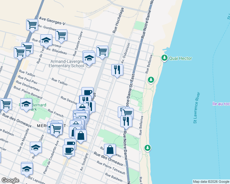 map of restaurants, bars, coffee shops, grocery stores, and more near 9250 Avenue Dubuisson in Montréal