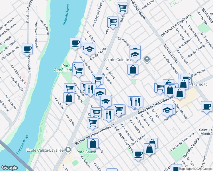 map of restaurants, bars, coffee shops, grocery stores, and more near 11911 Avenue Racette in Montréal