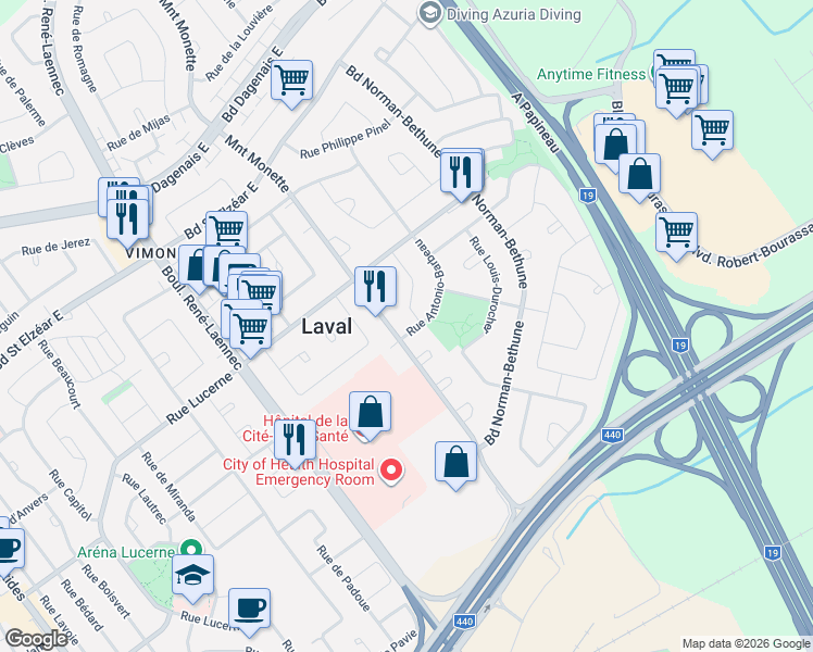 map of restaurants, bars, coffee shops, grocery stores, and more near 1670 Rue Antonio-Barbeau in Laval