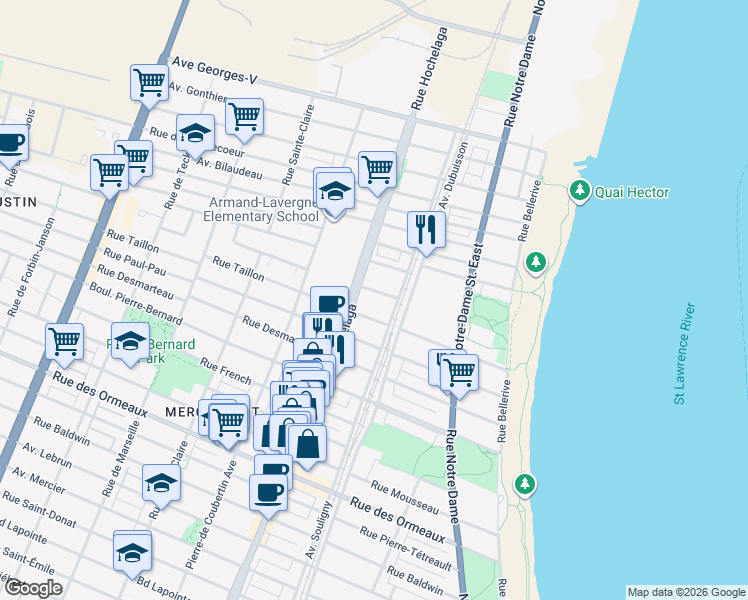 map of restaurants, bars, coffee shops, grocery stores, and more near 2310 Rue Marcelle Ferron in Montréal