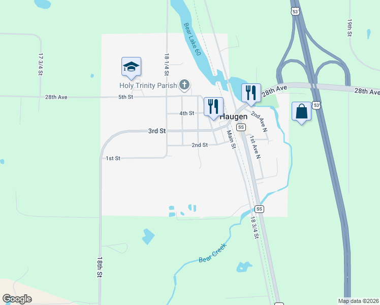 map of restaurants, bars, coffee shops, grocery stores, and more near in Haugen