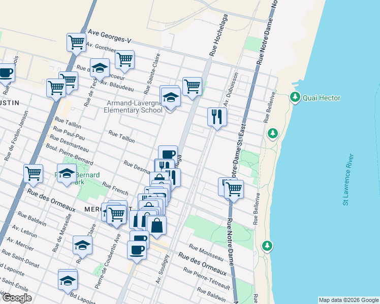 map of restaurants, bars, coffee shops, grocery stores, and more near 2310 Rue Marcelle Ferron in Montréal