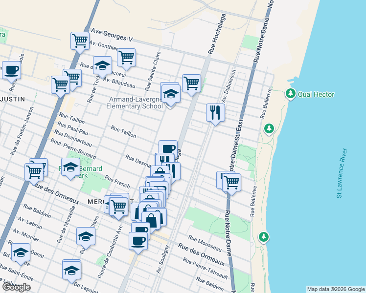 map of restaurants, bars, coffee shops, grocery stores, and more near 9200 Rue Hochelaga in Montréal