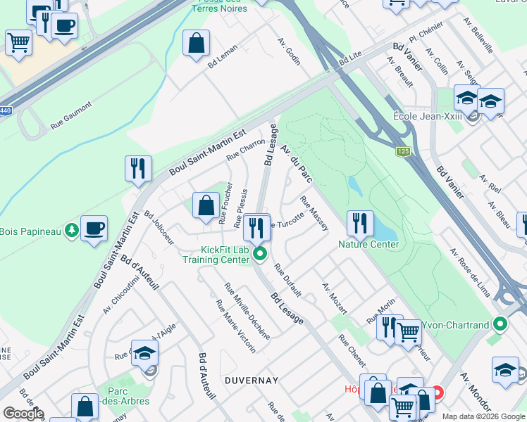 map of restaurants, bars, coffee shops, grocery stores, and more near 1165 Boulevard Lesage in Laval