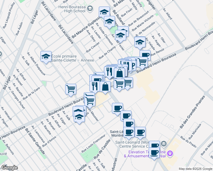 map of restaurants, bars, coffee shops, grocery stores, and more near 5879 Boulevard Henri-Bourassa Est in Montréal