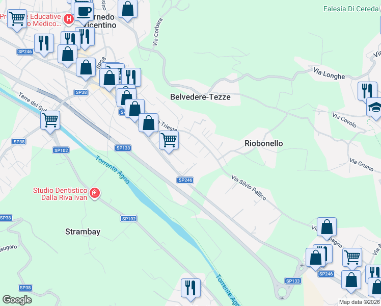 map of restaurants, bars, coffee shops, grocery stores, and more near 56 Viale Trieste in Cornedo Vicentino