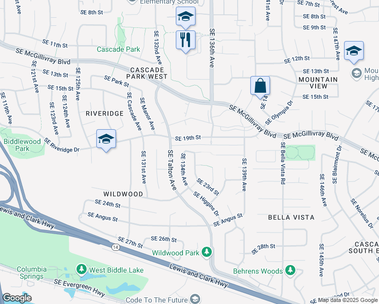 map of restaurants, bars, coffee shops, grocery stores, and more near 13317 Southeast 19th Street in Vancouver