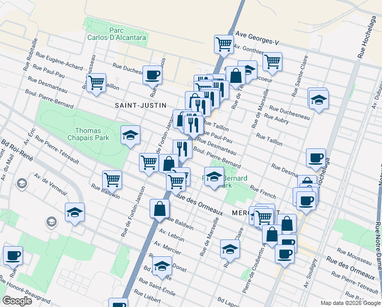 map of restaurants, bars, coffee shops, grocery stores, and more near 8960 Sherbrooke Street East in Montreal