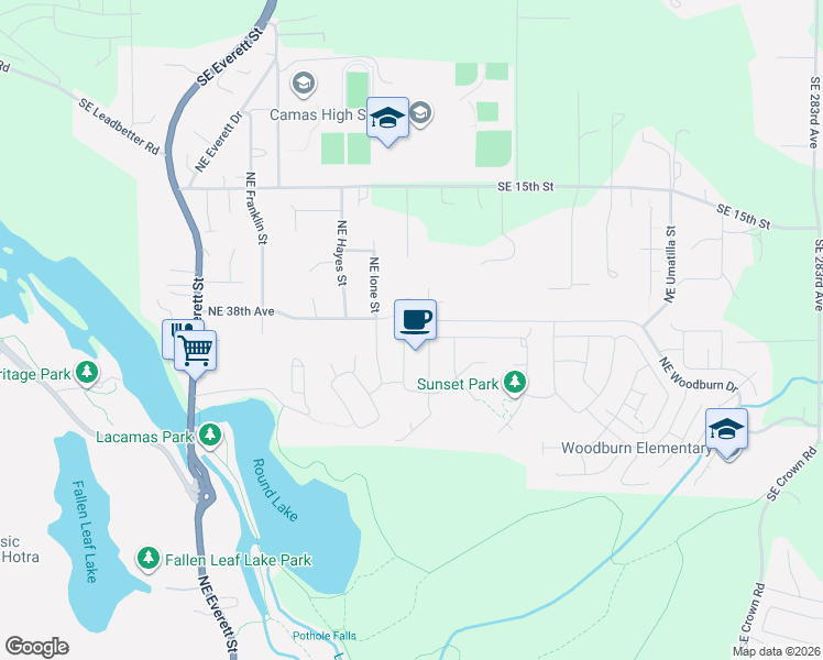 map of restaurants, bars, coffee shops, grocery stores, and more near 3718 Northeast Kingbird Street in Camas