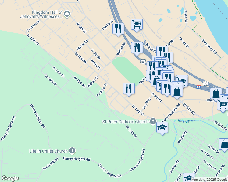 map of restaurants, bars, coffee shops, grocery stores, and more near 1750 West 10th Street in The Dalles