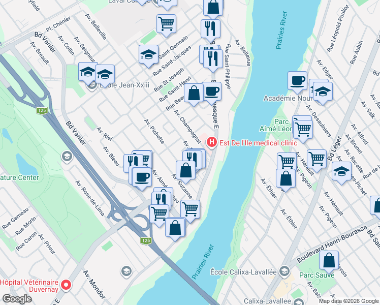 map of restaurants, bars, coffee shops, grocery stores, and more near 934 Avenue Belleville in Laval