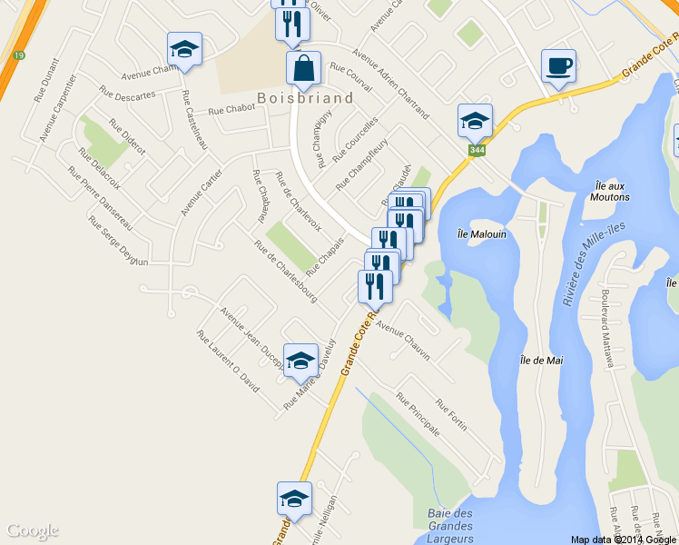 map of restaurants, bars, coffee shops, grocery stores, and more near 562 Rue Chamberlain in Boisbriand