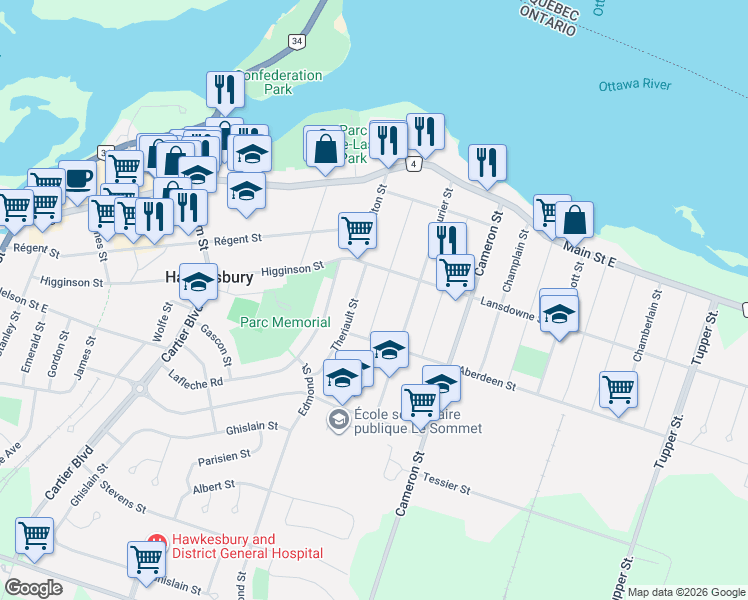 map of restaurants, bars, coffee shops, grocery stores, and more near 468 Catherine Street in Hawkesbury