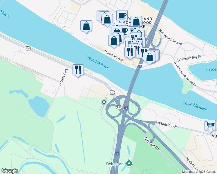 map of restaurants, bars, coffee shops, grocery stores, and more near 1930 Marine Drive West in Portland
