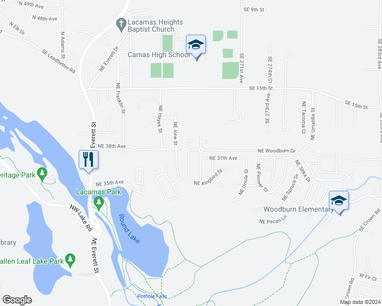 map of restaurants, bars, coffee shops, grocery stores, and more near 3721 NE Laurel Street in Camas