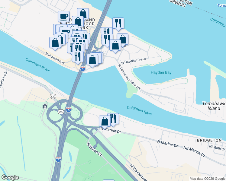 map of restaurants, bars, coffee shops, grocery stores, and more near 648-846 N Tomahawk Island Dr in Portland