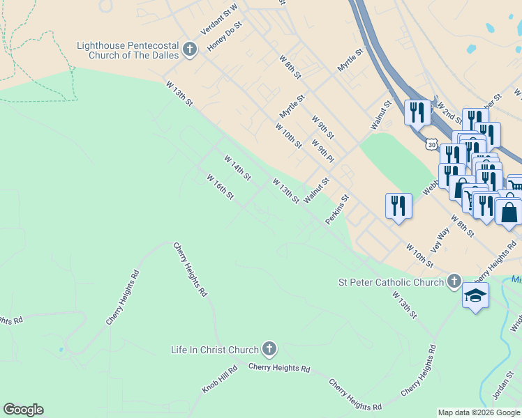 map of restaurants, bars, coffee shops, grocery stores, and more near 2425 West 15th Street in The Dalles