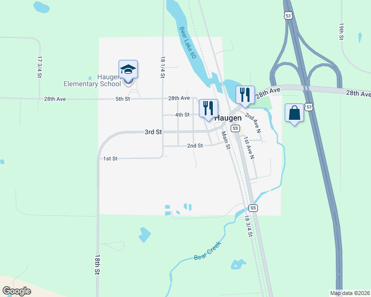 map of restaurants, bars, coffee shops, grocery stores, and more near in Haugen