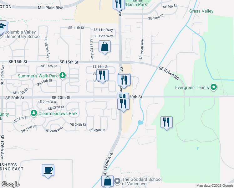 map of restaurants, bars, coffee shops, grocery stores, and more near 19019 Southeast 19th Way in Vancouver