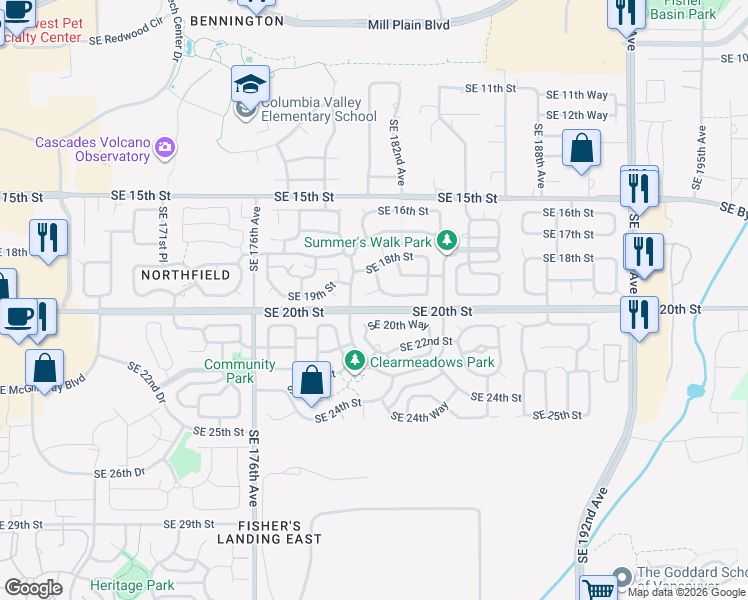 map of restaurants, bars, coffee shops, grocery stores, and more near 18020 Southeast 19th Circle in Vancouver