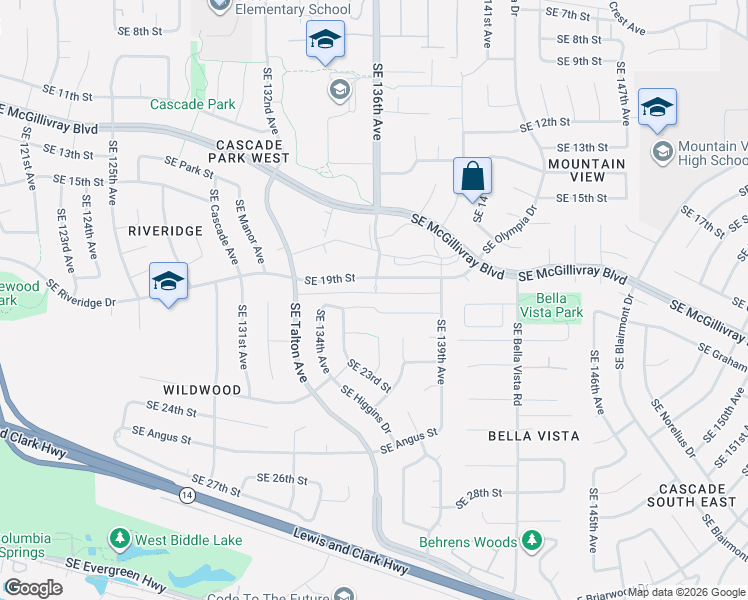 map of restaurants, bars, coffee shops, grocery stores, and more near 13703 Southeast 19th Street in Vancouver