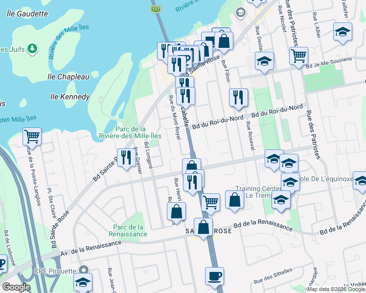 map of restaurants, bars, coffee shops, grocery stores, and more near 166 Rue du Mont-Royal in Laval