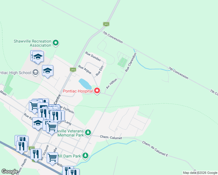 map of restaurants, bars, coffee shops, grocery stores, and more near 394 Avenue Hilton in Shawville