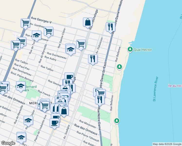 map of restaurants, bars, coffee shops, grocery stores, and more near 9280 Avenue Dubuisson in Montréal