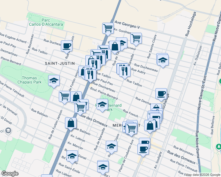 map of restaurants, bars, coffee shops, grocery stores, and more near 3085 Rue Desmarteau in Montréal