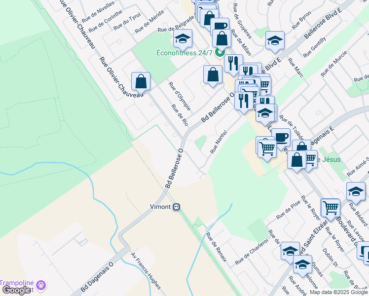 map of restaurants, bars, coffee shops, grocery stores, and more near 2175 Rue de Castellane in Laval