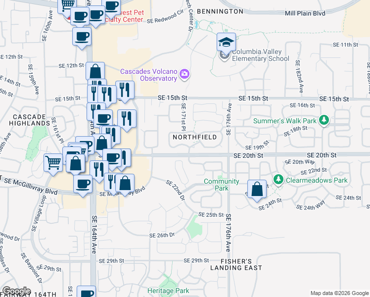 map of restaurants, bars, coffee shops, grocery stores, and more near 17104 Southeast 19th Street in Vancouver
