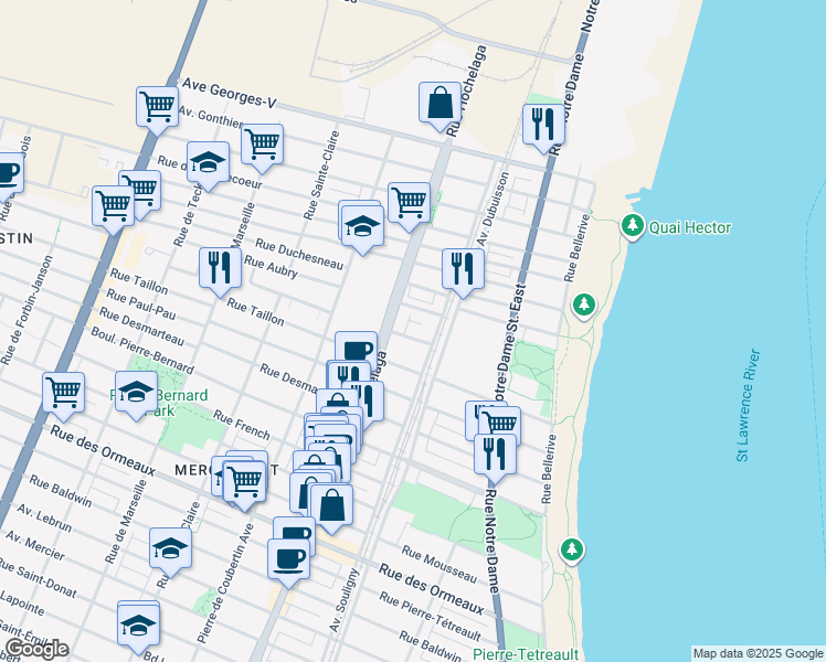 map of restaurants, bars, coffee shops, grocery stores, and more near 2305 Rue Marcelle Ferron in Montréal