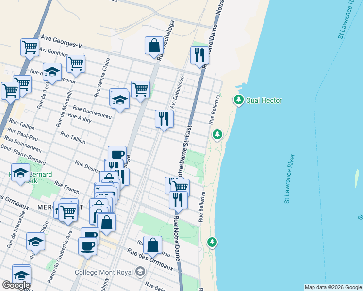 map of restaurants, bars, coffee shops, grocery stores, and more near 9235 Rue Notre-Dame Est in Montréal