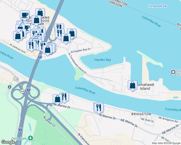map of restaurants, bars, coffee shops, grocery stores, and more near 419 North Tomahawk Island Drive in Portland