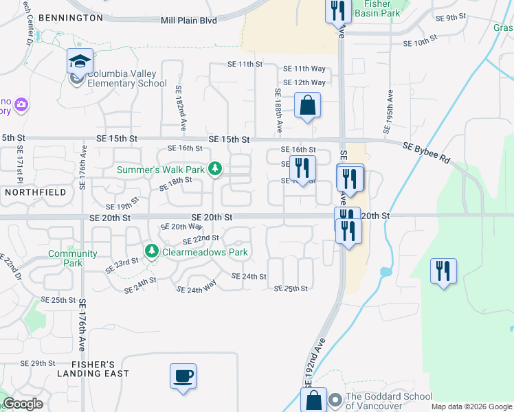 map of restaurants, bars, coffee shops, grocery stores, and more near 1814 Southeast 187th Place in Vancouver