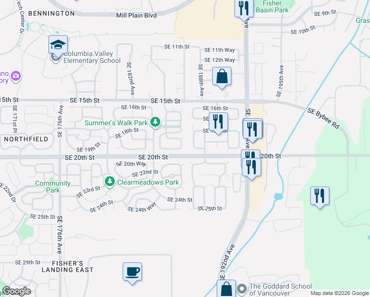 map of restaurants, bars, coffee shops, grocery stores, and more near 1814 Southeast 187th Place in Vancouver