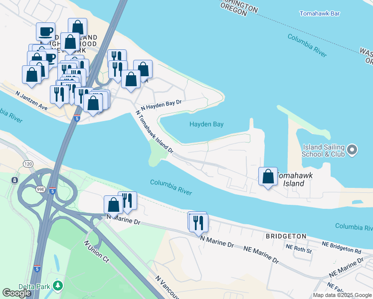 map of restaurants, bars, coffee shops, grocery stores, and more near 419 North Tomahawk Island Drive in Portland