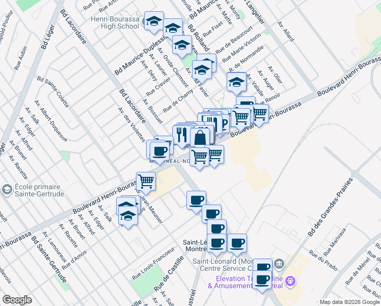 map of restaurants, bars, coffee shops, grocery stores, and more near 5879 Boulevard Henri-Bourassa Est in Montréal