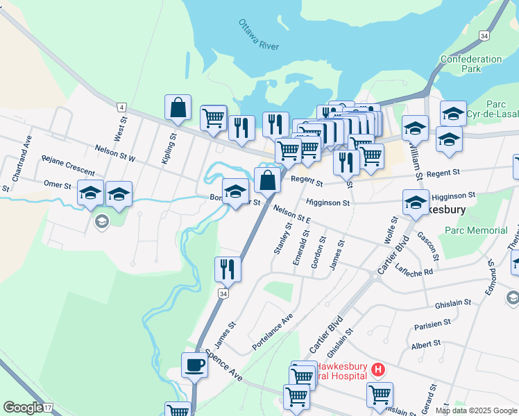 map of restaurants, bars, coffee shops, grocery stores, and more near 370 McGill Street in Hawkesbury