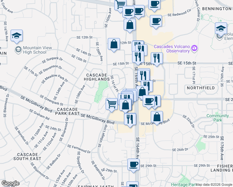 map of restaurants, bars, coffee shops, grocery stores, and more near 1805 Southeast 161st Place in Vancouver