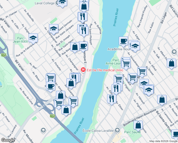 map of restaurants, bars, coffee shops, grocery stores, and more near 33 Avenue Bellevue in Laval