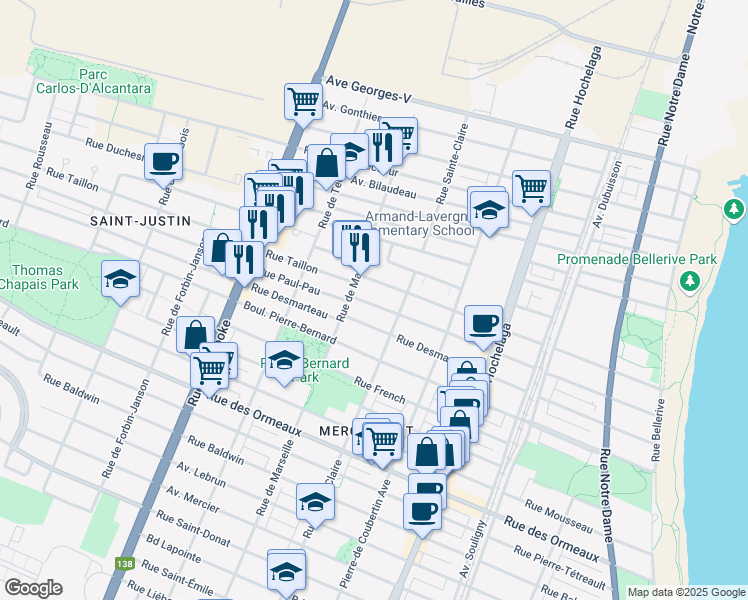map of restaurants, bars, coffee shops, grocery stores, and more near 2895 Rue Paul Pau in Montréal