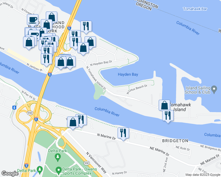 map of restaurants, bars, coffee shops, grocery stores, and more near 419 North Tomahawk Island Drive in Portland